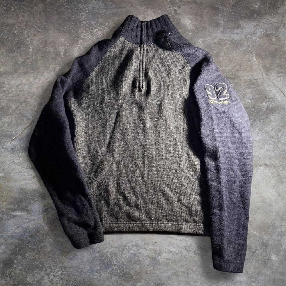Vintage Abercrombie & Fitch 90s Quarter Zip Wool Blend Sweater Grey Black XL